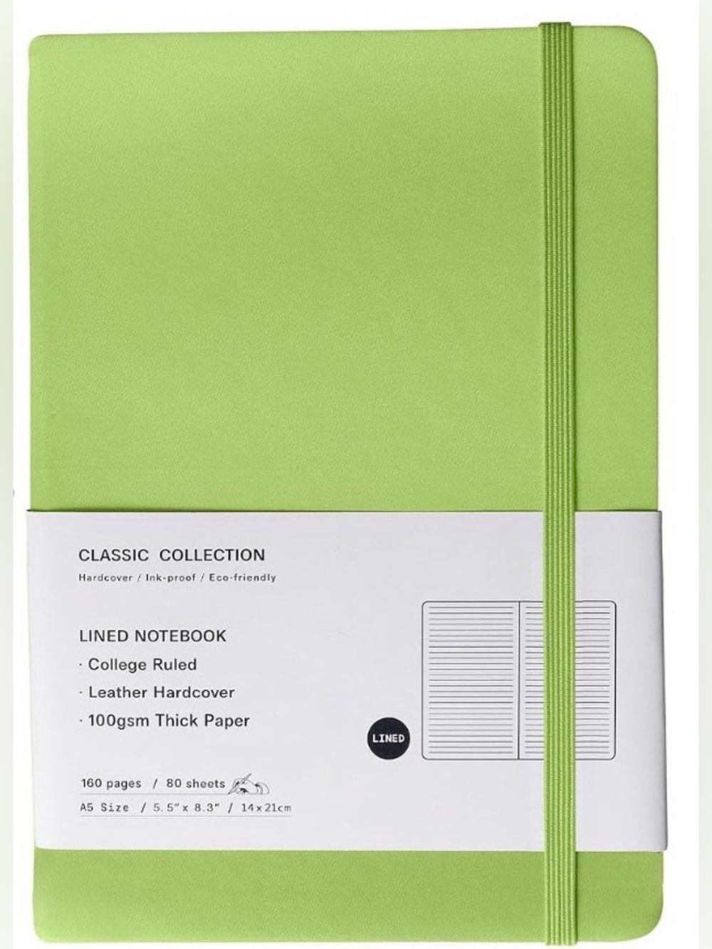 Classic Collection Green Hardcover Lined Notebook with Elastic Band